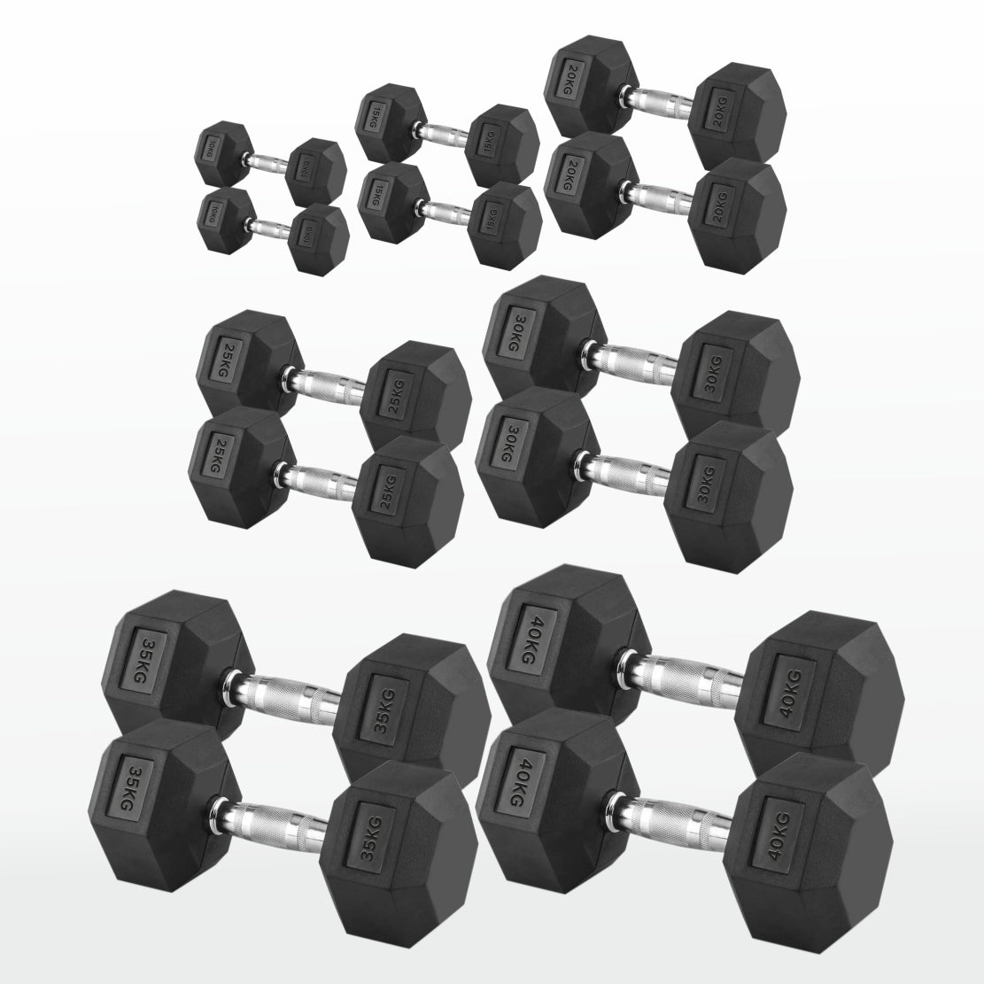 Hex Dumbbells 2.5kg–60kg Full Set or Pairs – Rubber-Coated Weights with Anti-Roll Design & Knurled Steel Handles – For Home Gym or Studio Strength Training
