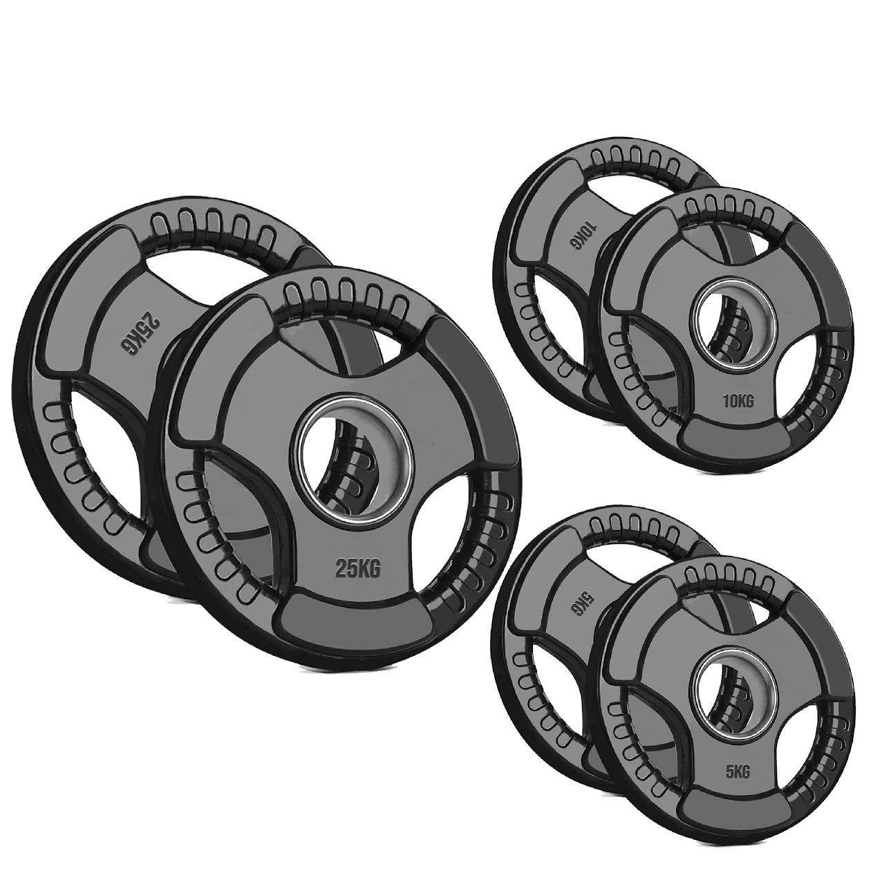 Rubber-Coated Cast Iron Tri‑Grip Olympic Weight Plates – Ergonomic 2‑Hole Design for Barbell & Dumbbell Strength Training in Home Gym