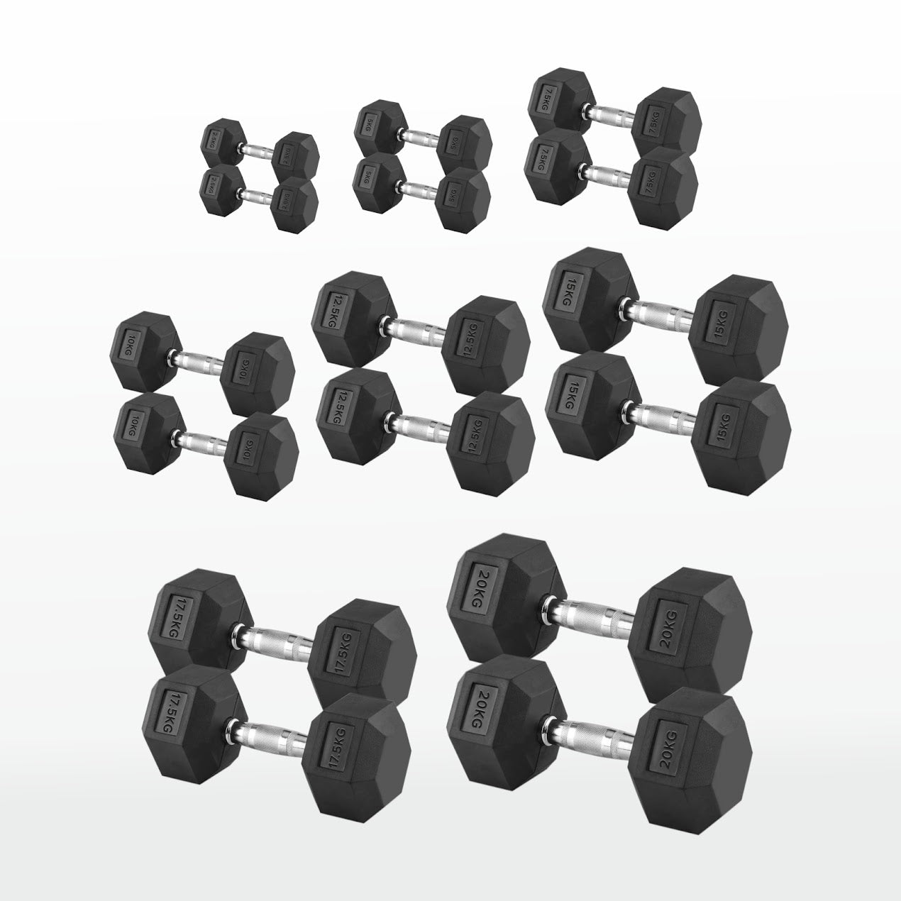 Hex Dumbbells 2.5kg–60kg Full Set or Pairs – Rubber-Coated Weights with Anti-Roll Design & Knurled Steel Handles – For Home Gym or Studio Strength Training