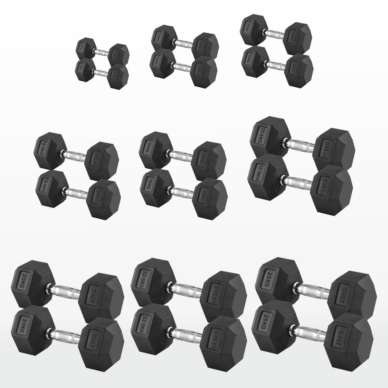 Hex Dumbbells 2.5kg–60kg Full Set or Pairs – Rubber-Coated Weights with Anti-Roll Design & Knurled Steel Handles – For Home Gym or Studio Strength Training