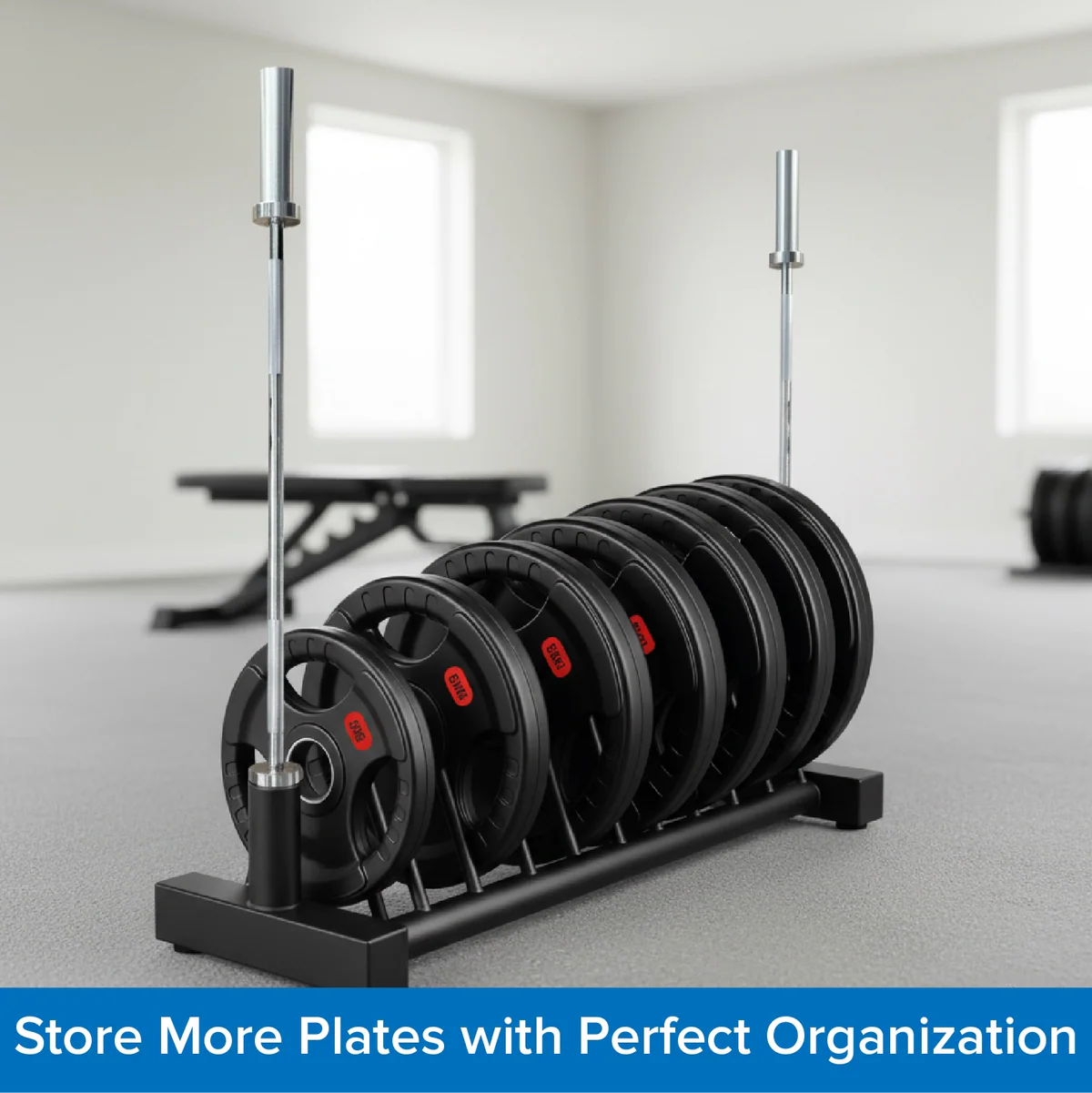 Heavy-Duty Horizontal Weight Plate Rack with Wheels – Olympic & Standard Plate Storage Stand for Home Gym Strength Training