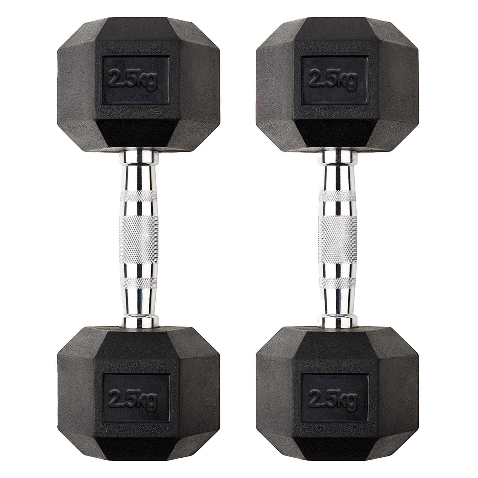 Pair of 2.5kg Hex Dumbbells – Rubber Coated Cast Iron with Chrome Knurled Handles – Compact Anti Roll Free Weights for Home Fitness & Strength Training
