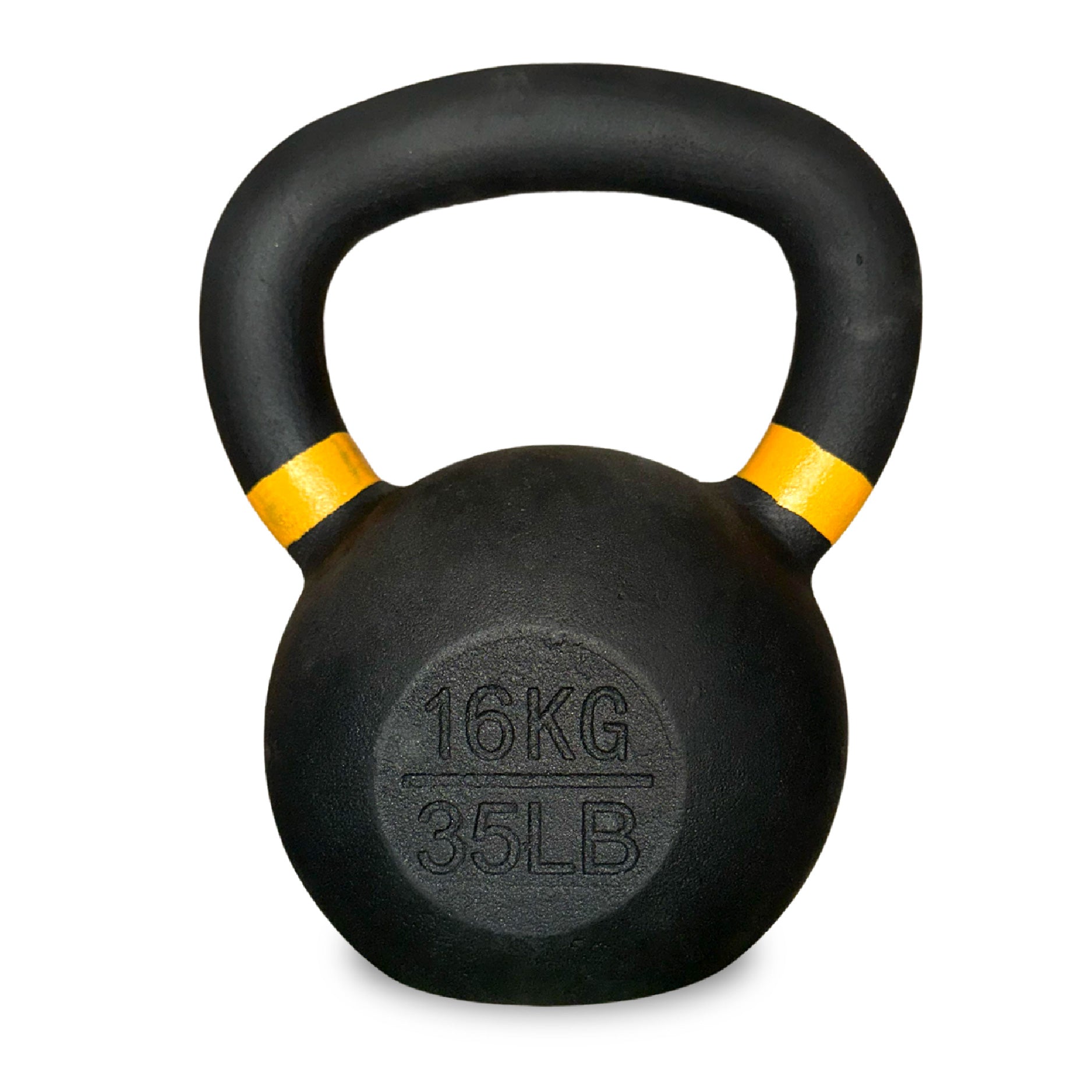 Black kettlebell with yellow accents and weight marking on a white background
