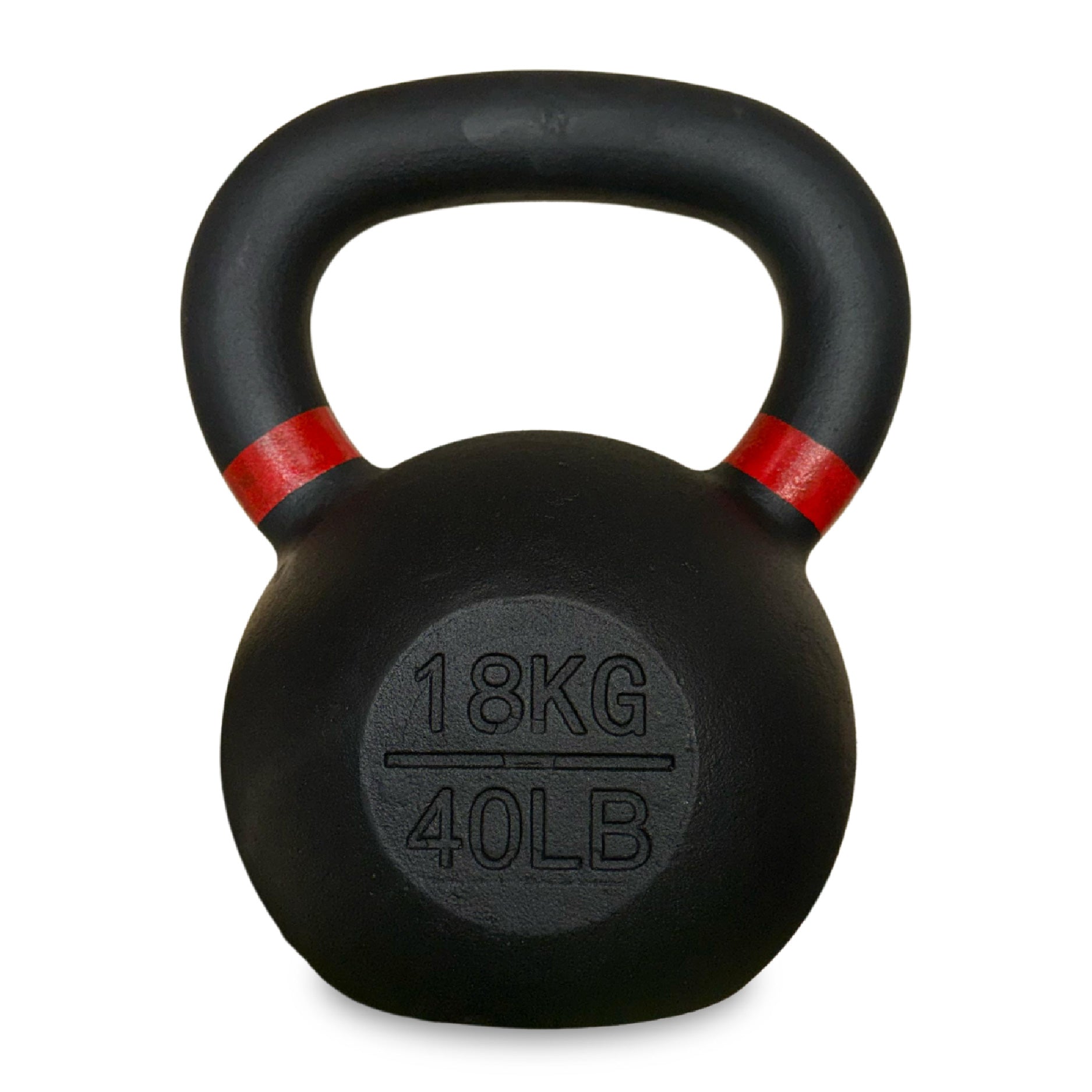 Black kettlebell with red accents and weight marking on a white background