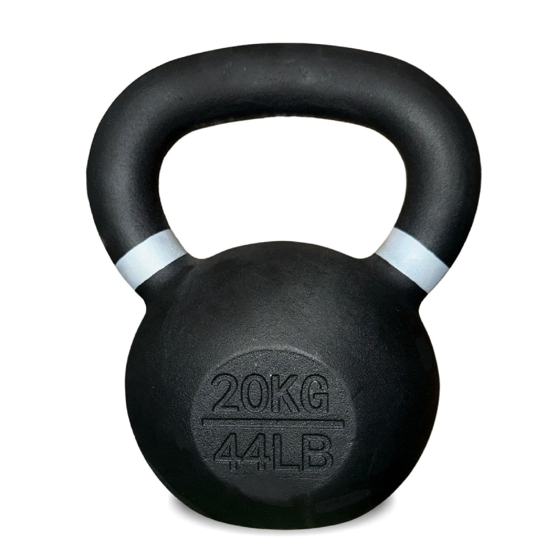 Black kettlebell with '20KG 44LB' marking on a white background