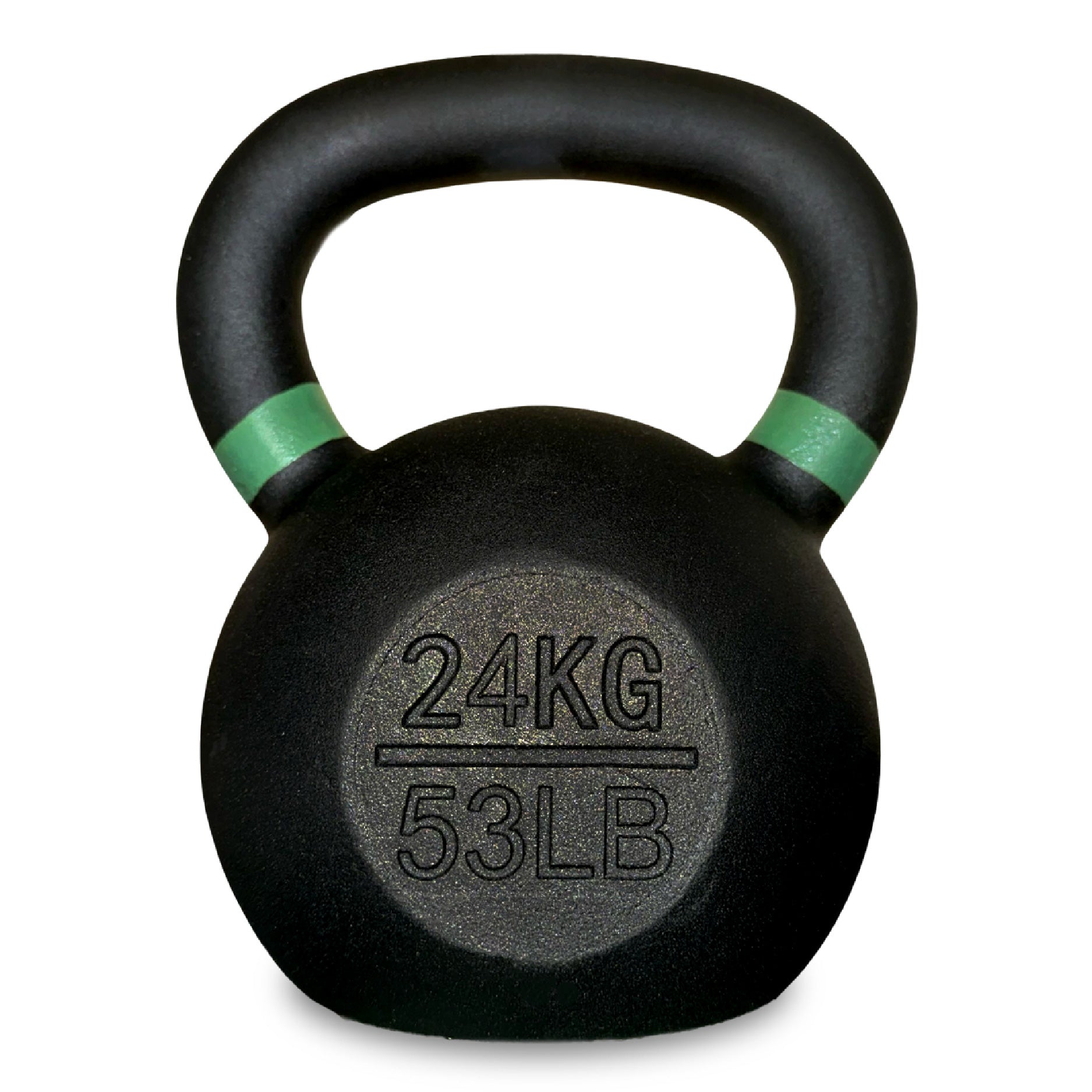 Black kettlebell with green accents and weight markings on a white background