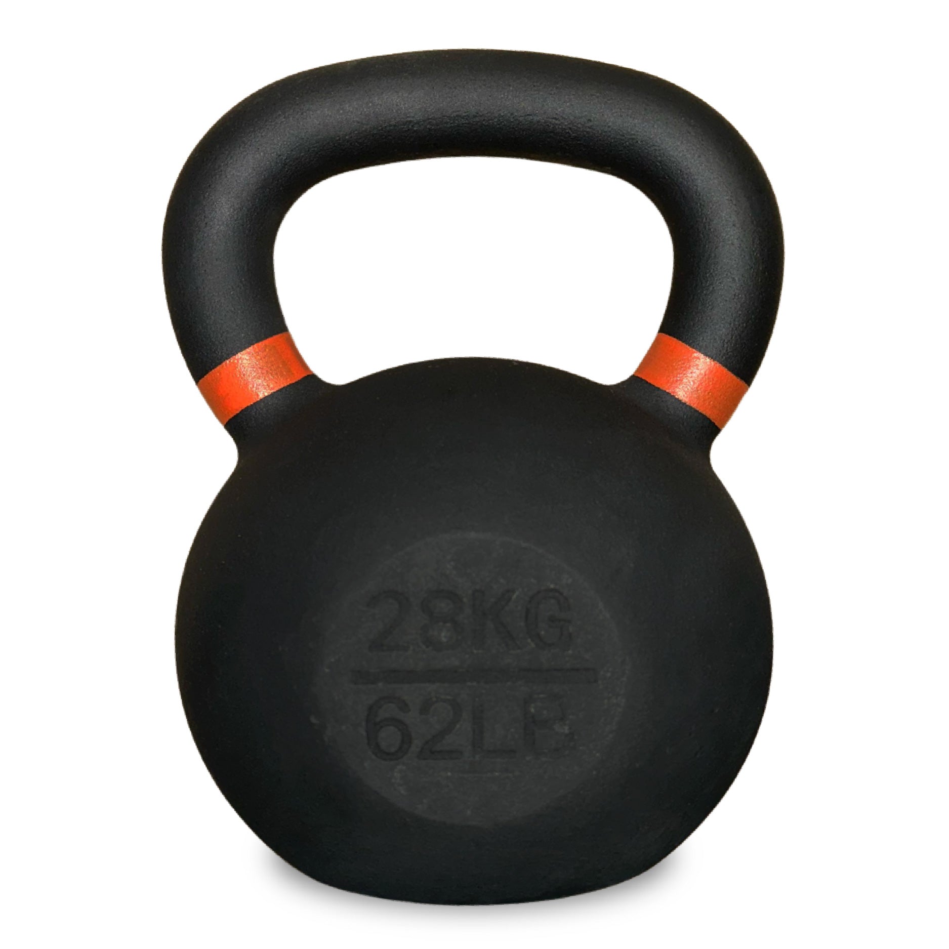 Black kettlebell with orange accents on a white background