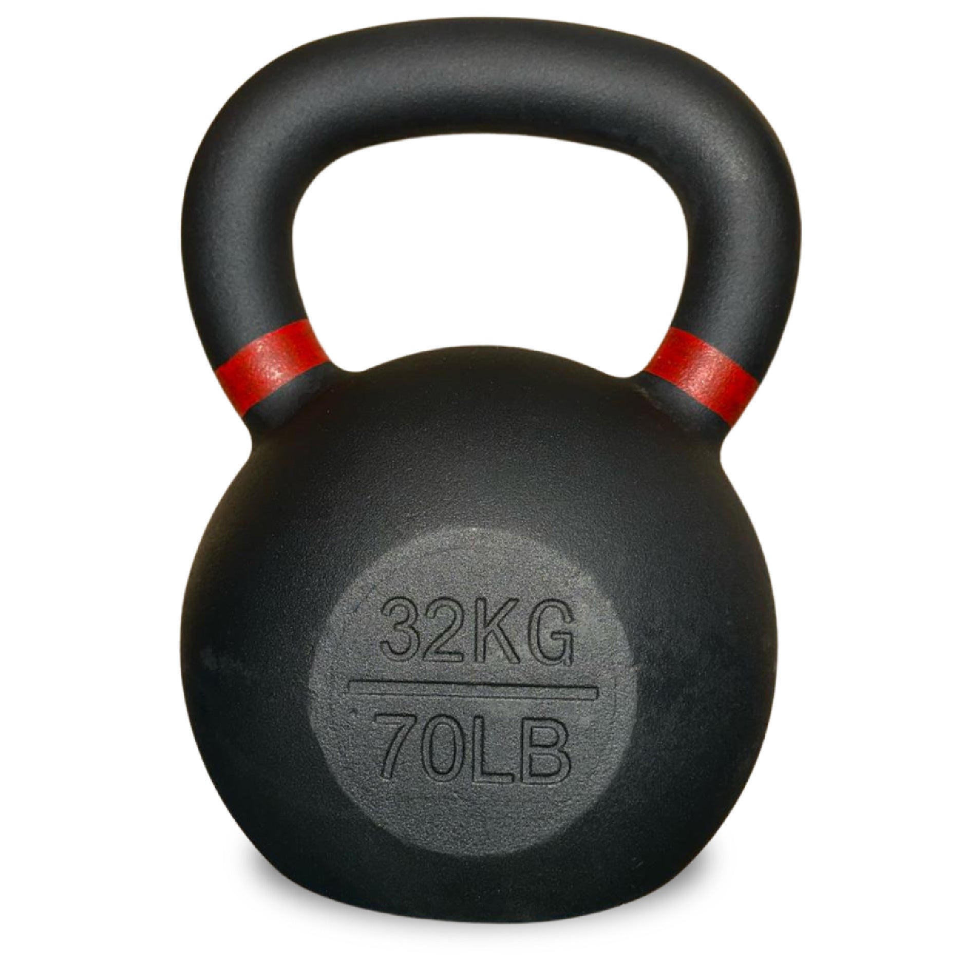 Black kettlebell with red accents and weight marking on a white background