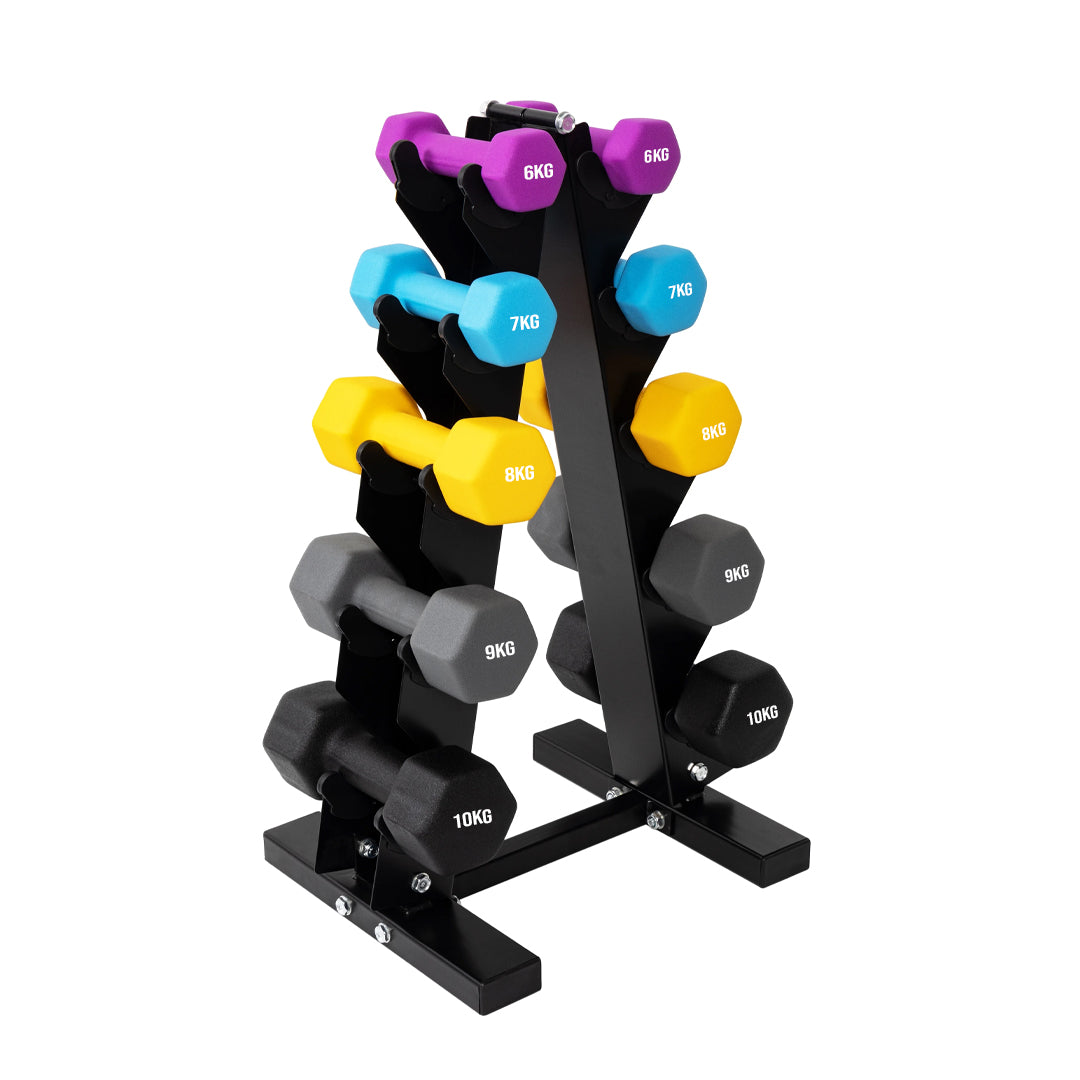Neoprene Dumbbell Tree Rack | Steel, 3/5 Tier Compact Storage, Anti‑Roll Cradles for Neoprene/Vinyl Weights – Sleek Home Gym Organizer