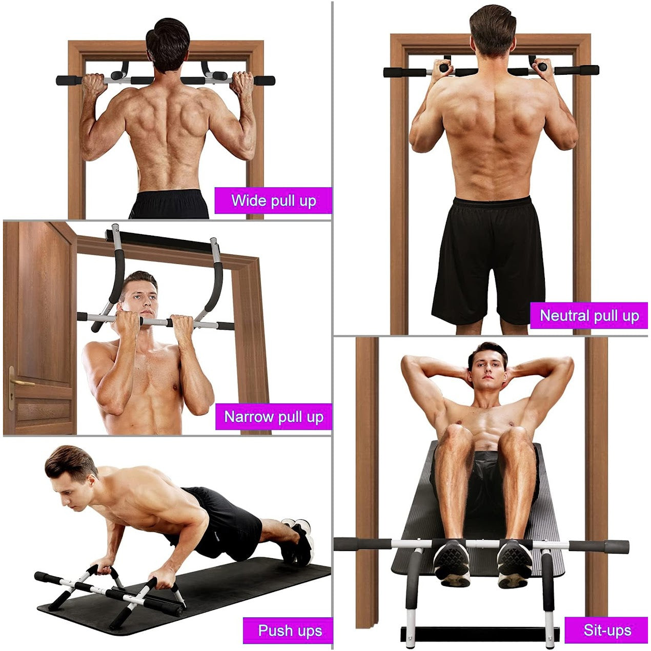 No Drill Doorway Pull Up Bar | Heavy Duty Foldable Chin Up Trainer with Padded Multi-Grip Handles | Fits 61–81 cm Door Frames | Black & Grey
