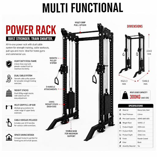Dual Cable Training Cage with Squat Rack, Pulley System & Chin-Up Bar