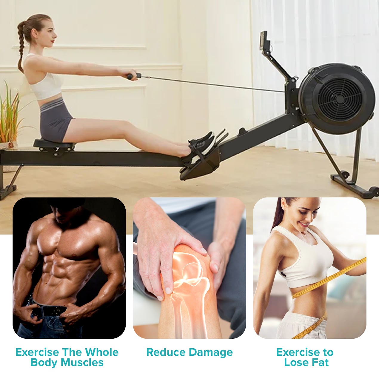 Adjustable Air‑Resistance Rowing Machine, Aluminum Frame, 10‑Level Silent Rower, Smart Display & Ergonomic Seat for Home Fitness
